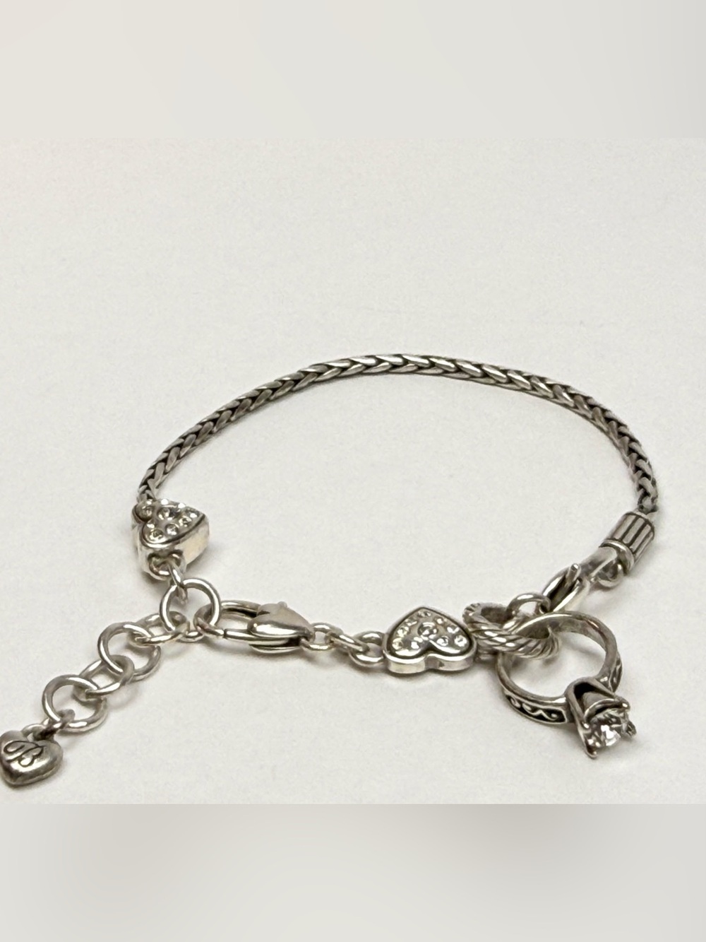 Brighton Silver Heart Charm Bracelet J35532 Crystal Hearts & Ring Charm Silver
